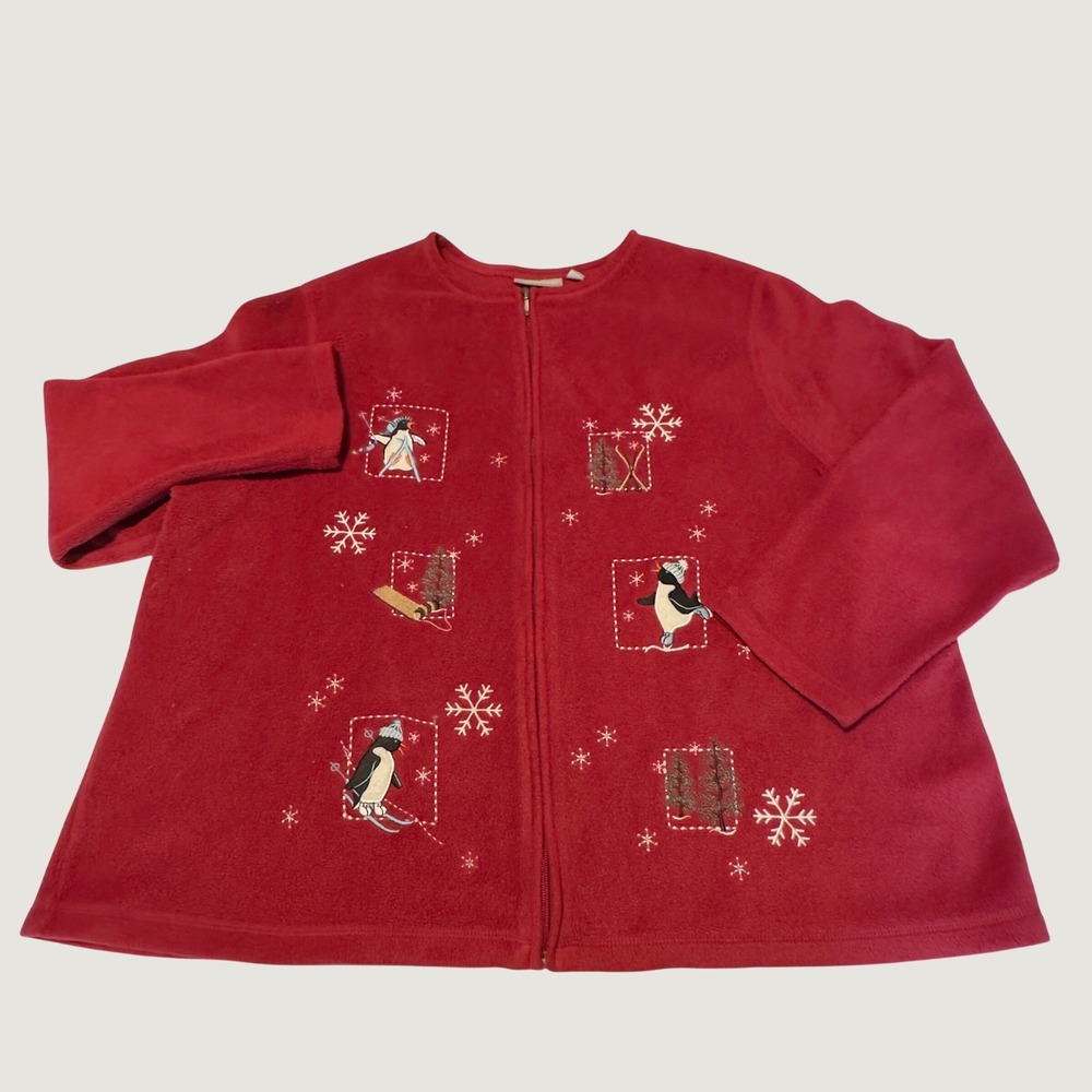 Croft & Barrow Fleece Jacket Red Penguin Ski Winter Y2K 3X Plus Size Holiday